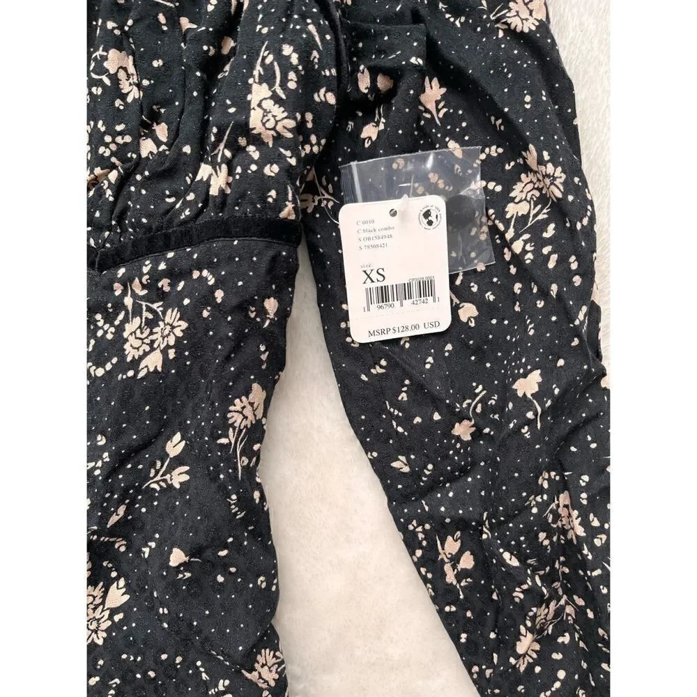 NWT Free People Tess Floral Print Long Sleeve Mini Dress in Black Combo, Size XS